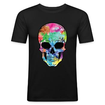Bunter Totenkopf - Männer Slim Fit T-Shirt - Schwarz - Vorne - Nik (191cm)