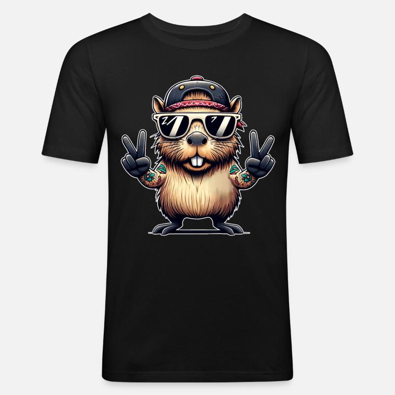 Capybara Peacezeichen - Männer Slim Fit T-Shirt - Schwarz
