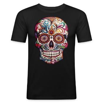 Farbenfroher Schädel im mexikanischen Stil - Männer Slim Fit T-Shirt - Schwarz - Vorne - Nik (191cm)