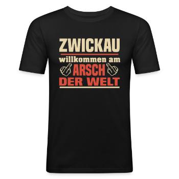 Zwickau - Männer Slim Fit T-Shirt - Schwarz - Vorne - Nik (191cm)
