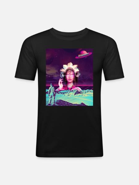 Space Godness in Retrowave - Männer Slim Fit T-Shirt - Schwarz