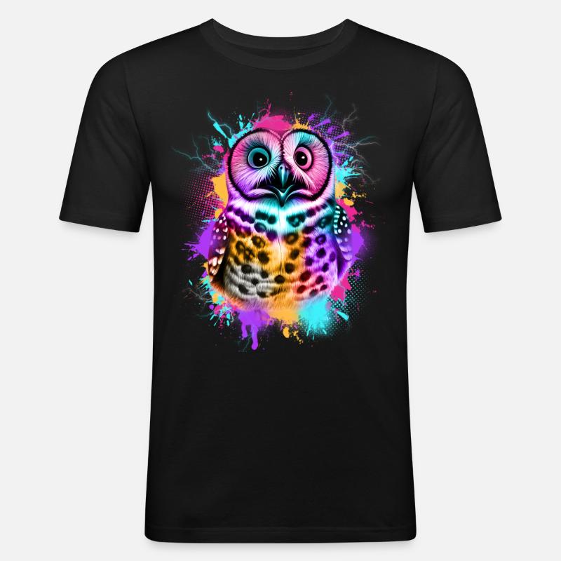 Eule Bunte Graffiti Eule - Männer Slim Fit T-Shirt - Schwarz