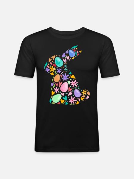 Farverig påskehare, påskeæg, blomster, påskegrafik - Herre Slim Fit T-Shirt - sort
