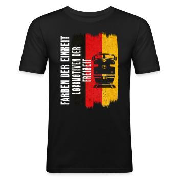 FARBEN DER FREIHEIT LOKOMOTIVEN DER EINHEIT - Männer Slim Fit T-Shirt - Schwarz - Vorne - Nik (191cm)