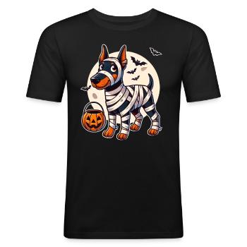 Dobermann Halloween Mumie Niedlicher Dobermann - Männer Slim Fit T-Shirt - Schwarz - Vorne - Nik (191cm)