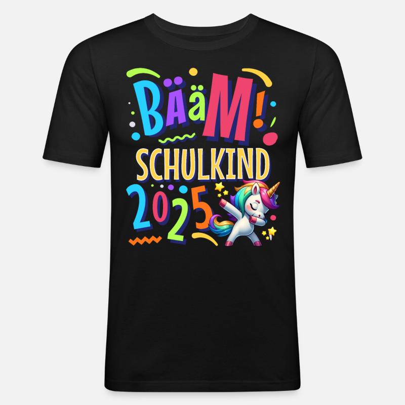Bääm Schulkind 2025 Einhorn - Männer Slim Fit T-Shirt - Schwarz