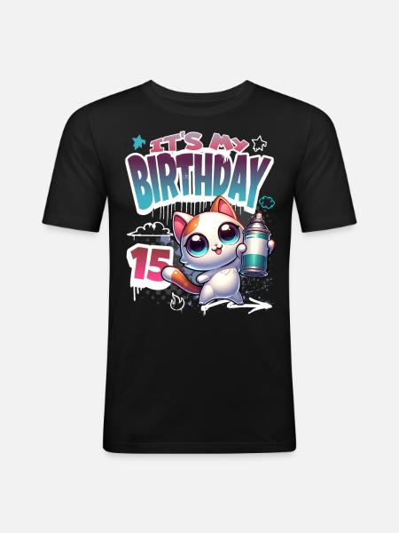 15th Birthday Cat Graffiti - Men's Slim Fit T-Shirt - black