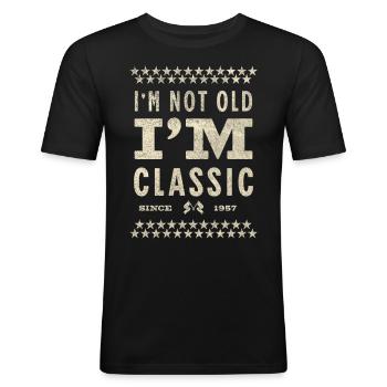 Ik ben niet oud, ik ben klassiek 1957 cadeau-idee - Mannen slim fit T-shirt - zwart - Voor - Nik (191cm)