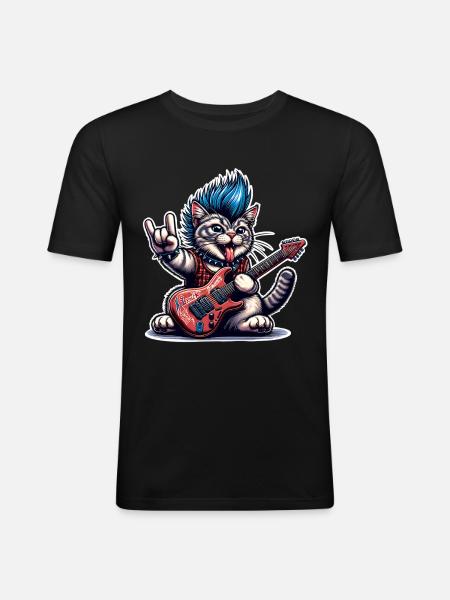 Cat Rock and Roll Guitarist - Men's Slim Fit T-Shirt - black