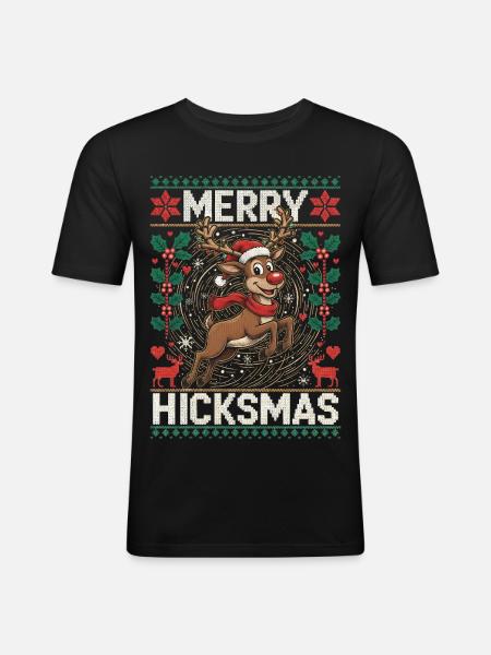 Christmas Reindeer Illustration - Red Nose, Moose - Men's Slim Fit T-Shirt - black