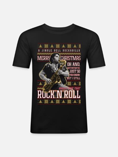 Eddie Rockabilly Saxophon Hässlicher Weihnachtspullover - Männer Slim Fit T-Shirt - Schwarz