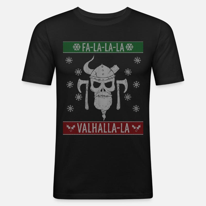 Pull de Noël laid Viking Valhalla Noël - T-shirt près du corps Homme - noir
