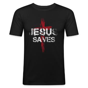 Jésus Saves - T-shirt près du corps Homme - noir - Devant - Nik (191cm)