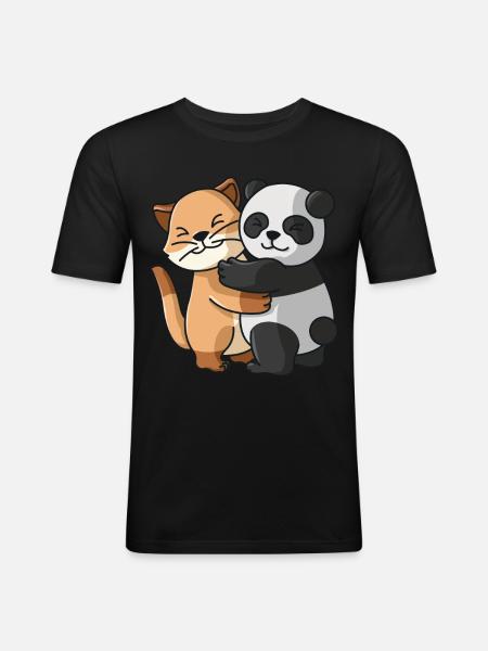 Cat and Panda Hug Cuddle Animals - Men's Slim Fit T-Shirt - black