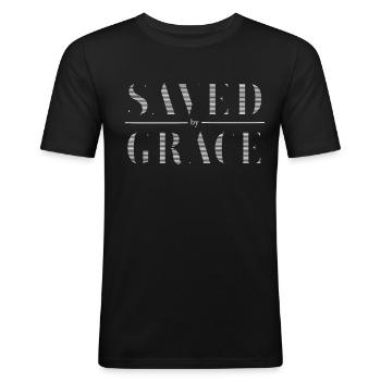 Saved By Grace Jesus Bibel Christlicher Spruch - Männer Slim Fit T-Shirt - Schwarz - Vorne - Nik (191cm)