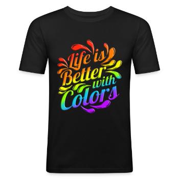 Logo LGBTQ La vie est meilleure avec les couleurs Mois de la fierté - T-shirt près du corps Homme - noir - Devant - Nik (191cm)