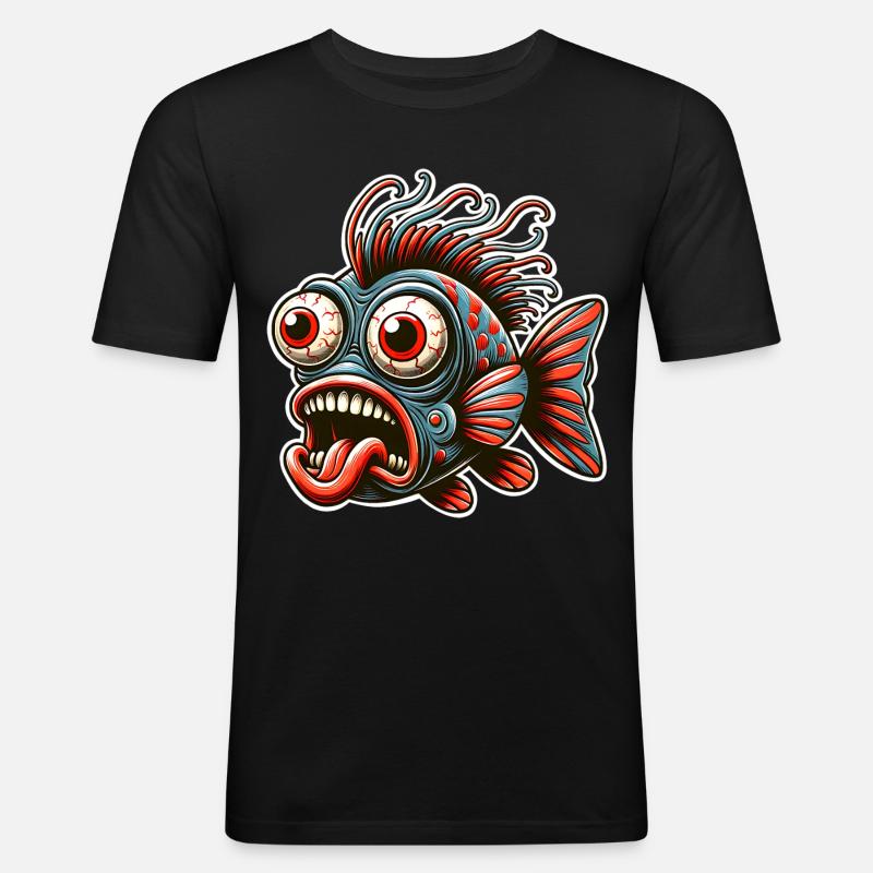 Fisch Crazy - Männer Slim Fit T-Shirt - Schwarz