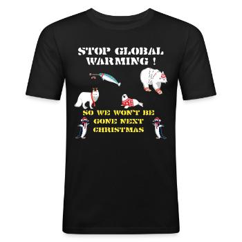 stop global warming, shirt Noël changement climatique - T-shirt près du corps Homme - noir - Devant - Nik (191cm)