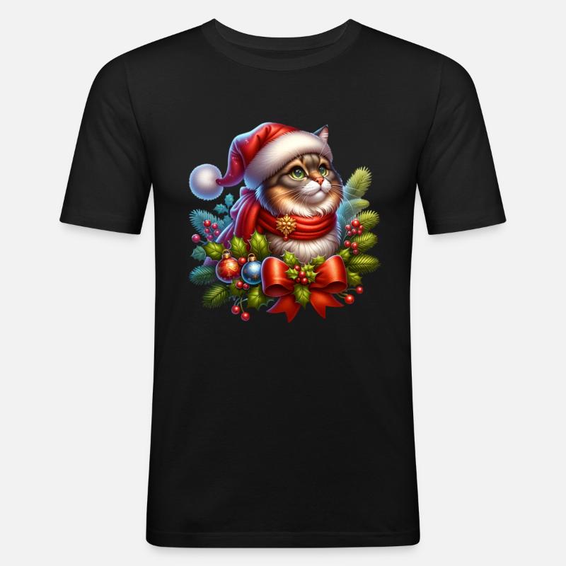 Weihnachtskranz Katze - Männer Slim Fit T-Shirt - Schwarz