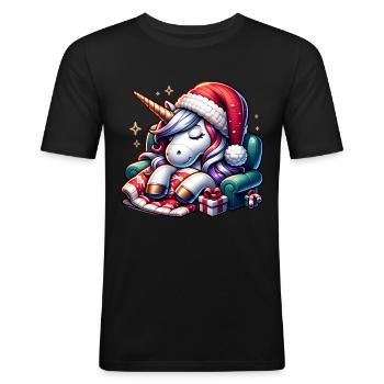 Weihnachts-Einhorn - Männer Slim Fit T-Shirt - Schwarz - Vorne - Nik (191cm)