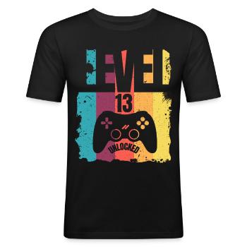 Cadeau d'anniversaire débloqué niveau 13 pour les enfants - T-shirt près du corps Homme - noir - Devant - Nik (191cm)