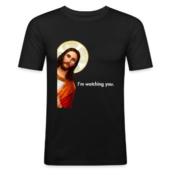 I'm Watching You Peeking Jesus Christ - Männer Slim Fit T-Shirt - Schwarz - Vorne - Nik (191cm)