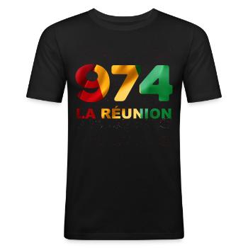974 la réunion Rastafari Rouge Jaune Vert - T-shirt près du corps Homme - noir - Devant - Nik (191cm)