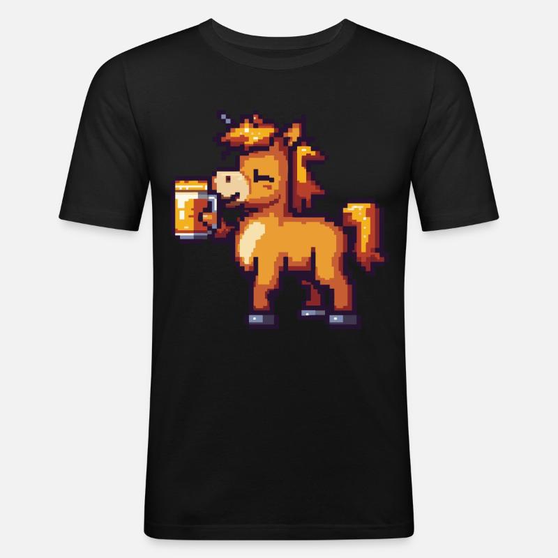 Pferd Pixel Bier - Männer Slim Fit T-Shirt - Schwarz