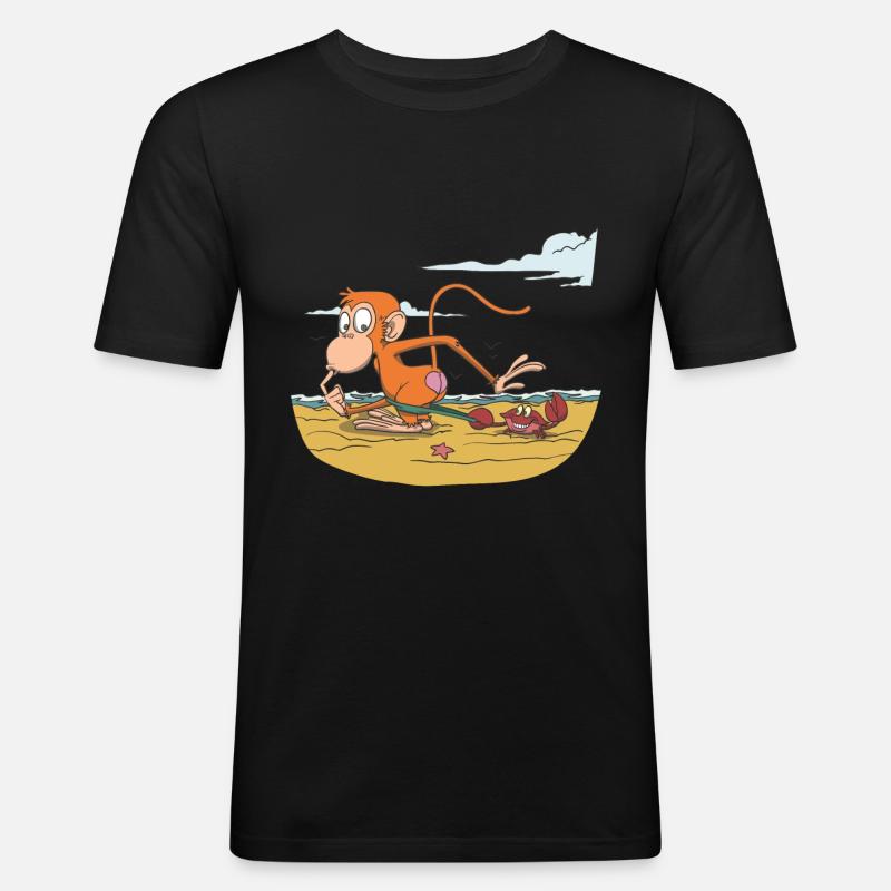 Affe am Strand mit Krabbe - Männer Slim Fit T-Shirt - Schwarz