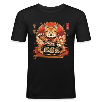 Japanische Katze mit Sushi Kawaii - Männer Slim Fit T-Shirt - Schwarz - Vorne - Nik (191cm)