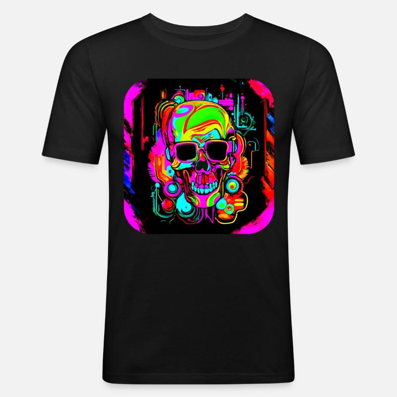 Neon Style Schädel Leuchtreklame Glow - Männer Slim Fit T-Shirt - Schwarz