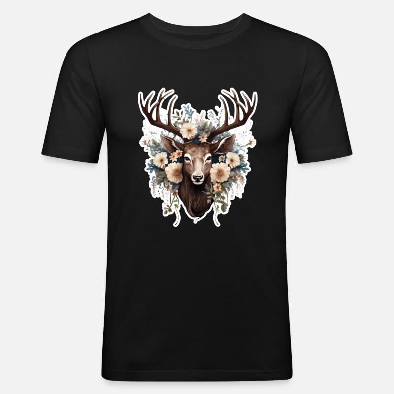 Hirsch Blumen - Männer Slim Fit T-Shirt - Schwarz