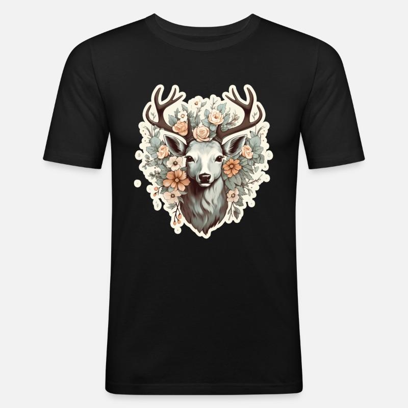 Hirsch Blumen - Männer Slim Fit T-Shirt - Schwarz