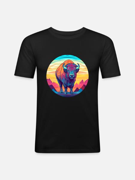 Bison-Buntglas-Cartoon-Kawaii-Tier - Männer Slim Fit T-Shirt - Schwarz