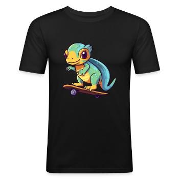 Drôle Caméléon Kawaii Cartoon Jouer Skateboard - T-shirt près du corps Homme - noir - Devant - Nik (191cm)