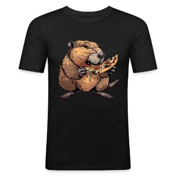Un castor mange de la pizza - T-shirt près du corps Homme - noir - Devant - Nik (191cm)