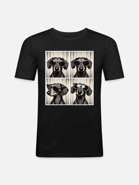 Fotobox Dackel mit Sonnenbrille - Männer Slim Fit T-Shirt - Schwarz