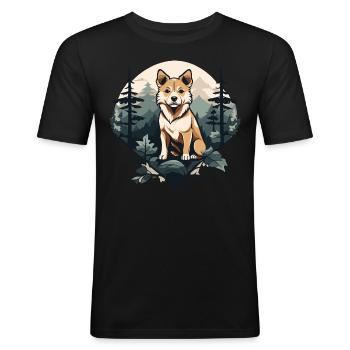 Hokkaido Chien dans la forêt - T-shirt près du corps Homme - noir - Devant - Nik (191cm)