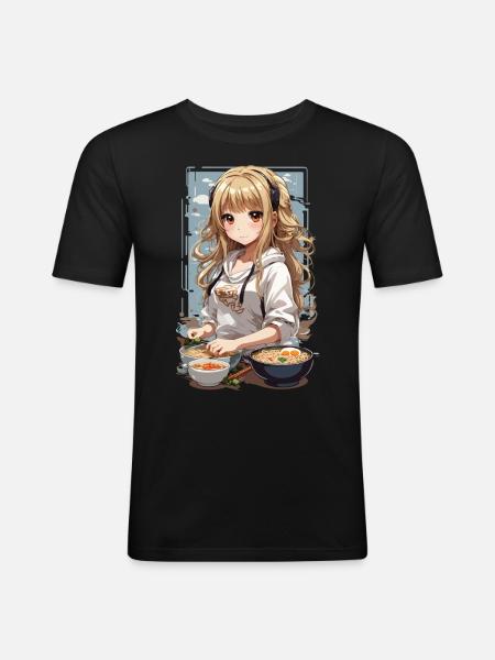Anime Girl Ramen Love Manga Noodle Soup Design - Men's Slim Fit T-Shirt - black