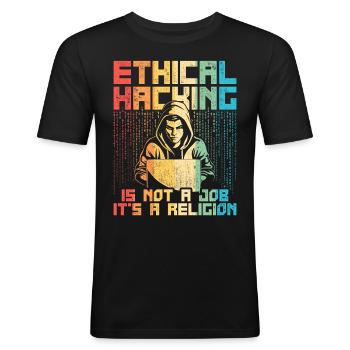Le piratage éthique n’est pas un travail, c’est une religion - T-shirt près du corps Homme - noir - Devant - Nik (191cm)