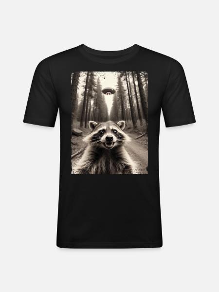 Grappig wasbeer selfie buitenaards ruimteschip - Mannen slim fit T-shirt - zwart