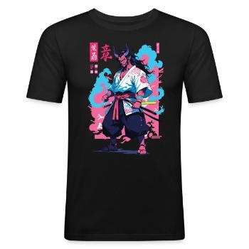 Samouraï Oni Yokai Esthétique Style Vaporwave - T-shirt près du corps Homme - noir - Devant - Nik (191cm)