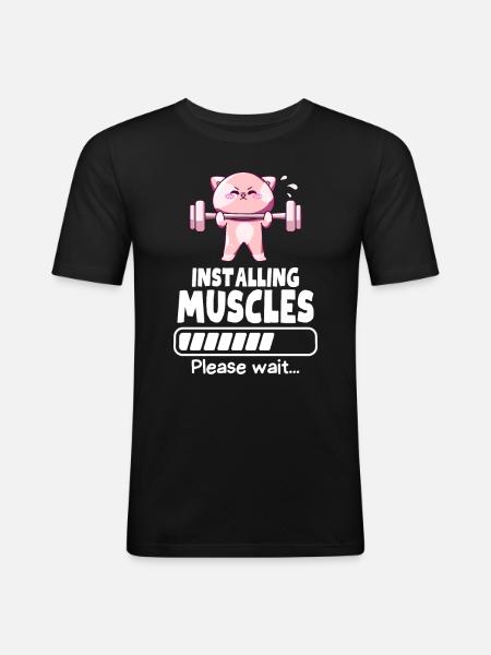 Muscle Building Weightlifting Cat Gym Humor - Men's Slim Fit T-Shirt - black