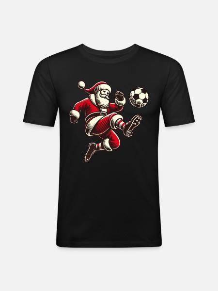 fFußballspielender Weihnachtsmann Santa - Männer Slim Fit T-Shirt - Schwarz