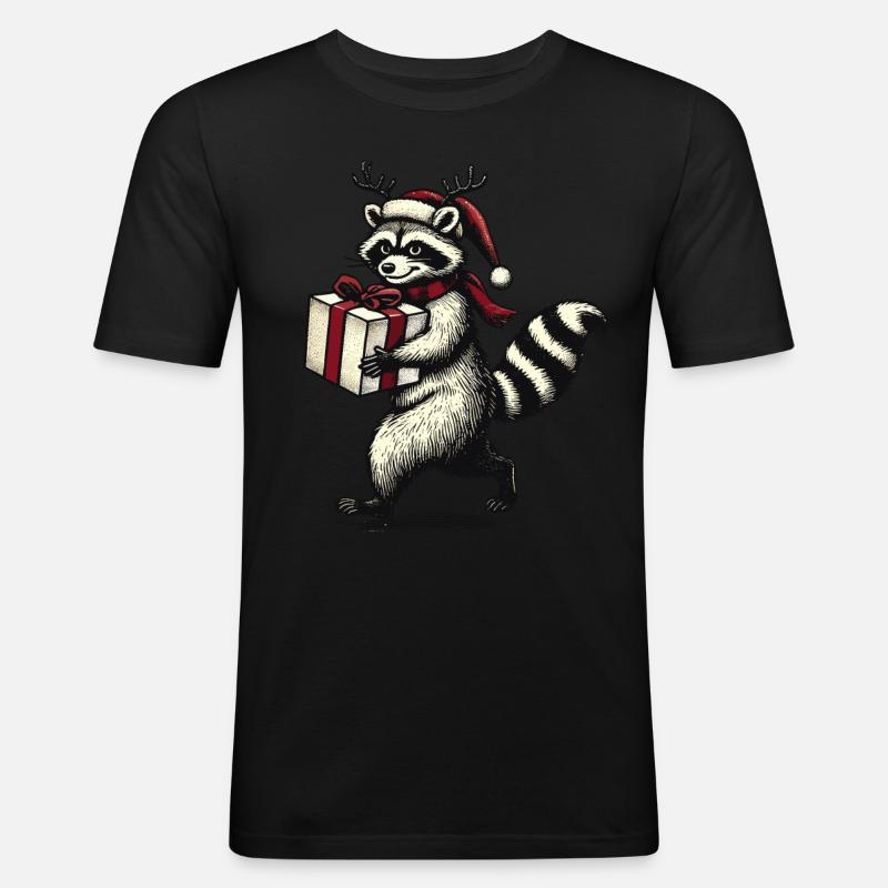 Weihnachts-Waschbär Mit Geschenk - Männer Slim Fit T-Shirt - Schwarz