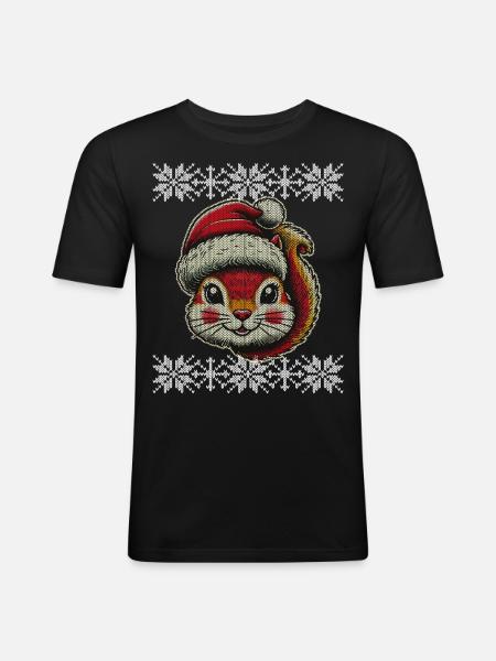 Cute Christmas squirrel with hat - Men's Slim Fit T-Shirt - black