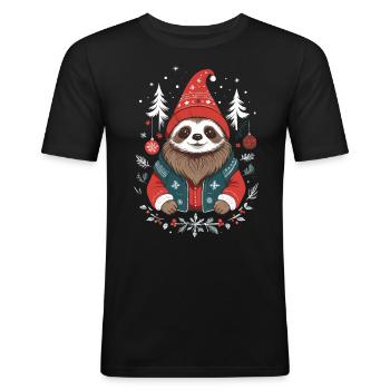 Weihnachtliches Faultier Im Winterwald - Männer Slim Fit T-Shirt - Schwarz - Vorne - Nik (191cm)