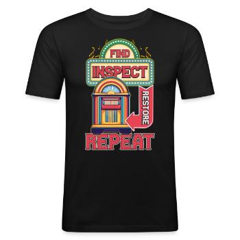 Jukebox Sammler Find Inspect Restore Repeat - Männer Slim Fit T-Shirt - Schwarz - Vorne - Nik (191cm)