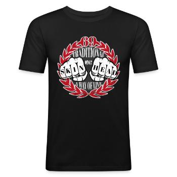 Oi Skinhead Shirt Punk Rock Cheers et Oi - T-shirt près du corps Homme - noir - Devant - Nik (191cm)