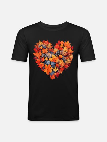 Herbst Herz Herbstlaub - Männer Slim Fit T-Shirt - Schwarz